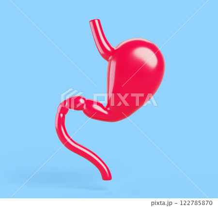 3d anatomy human stomach medical cartoon render icon. Healthy digestion system, red abdomen organ isolated on blue background. Concept of health care and gastroenterology medicine. 3D illustration 122785870