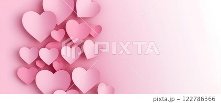 Romantic design, background with paper pink hearts on pink and white gradient background with space for text. For postcards, banners and invitations, printing and web design. Romantic design, background with paper pink hearts on pink and white gradient background with space for text. For postcards, banners and invitations, printing and web design. 122786366