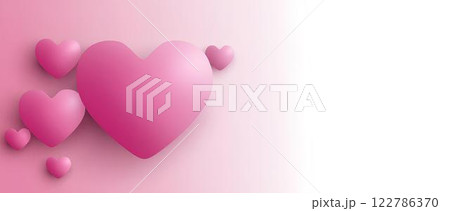 Romantic background, design with voluminous pink hearts on pink and white gradient background with space for text. For postcards, banners and invitations, print and web design. Valentine's Day. 122786370