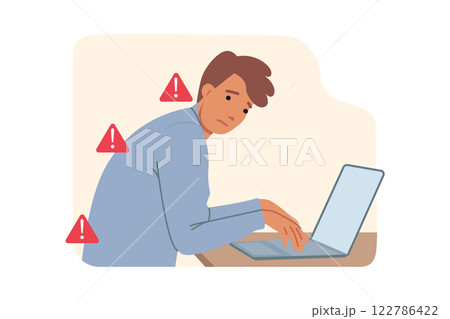 Hunched man sits at computer, risking ruining...のイラスト素材 [122786422] - PIXTA