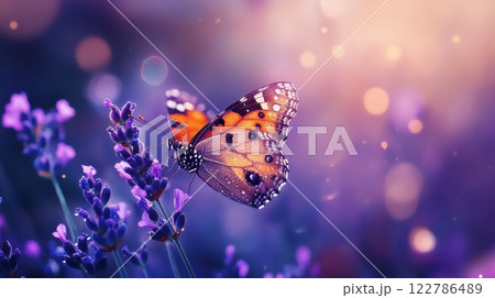 Monarch Butterfly on Lavender with Dewdrops 122786489