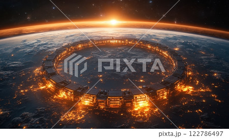 Gigantic Sci-Fi Space Ring Orbiting Earth at Sunrise Gigantic Sci-Fi Space Ring Orbiting Earth at Sunrise 122786497