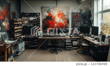 Artistic Studio with Abstract Paintings and Creative Workspace 122786498