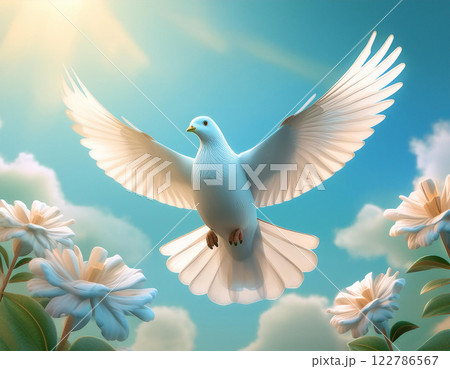 Dove in the air with wings wide open in-front of the sky. AI Generated. 122786567