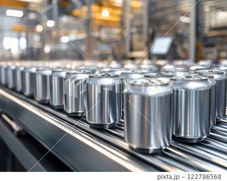 New aluminum cans moving along the conveyor belt in a beverage manufacturing factory. AI Generated. 122786568
