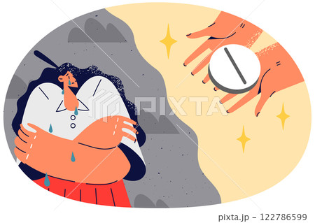 Stressed woman scared of pill 122786599