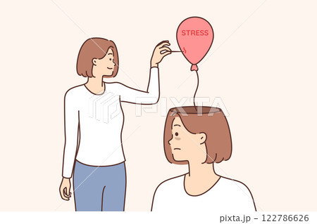 Woman battles stress and depression by using needle to pop balloon from patient head Woman battles stress and depression by using needle to pop balloon from patient head 122786626