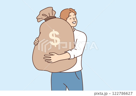 Man hugs bag of money, rejoicing at amount of finance earned or receiving dividends from investments Man hugs bag of money, rejoicing at amount of finance earned or receiving dividends from investments 122786627