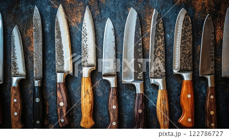 Collection of professional kitchen knives with wooden handles arranged on dark textured background. Various blade styles showcase craftsmanship and culinary expertise 122786727