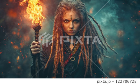 Mystical warrior woman with dreadlocks holding flaming torch against moody teal background. Tribal face paint and dark attire create powerful fantasy atmosphere with flying embers and smoke 122786728