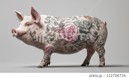 pig with intricate tattoo designs covering its body, featuring vintage-style roses and artistic patterns, unique concept for contemporary art and design 122786734