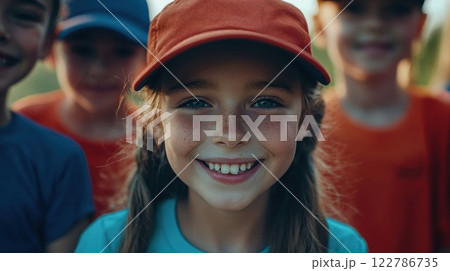 Close-up portrait of young smiling girl in red baseball cap with natural freckles. Authentic childhood moment captured in warm evening light with genuine expression 122786735