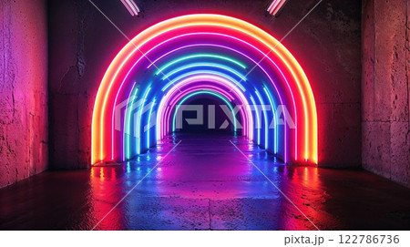 Futuristic neon rainbow tunnel creating immersive light installation. Colorful LED arches reflect on wet floor surface producing dramatic cyberpunk aesthetic with vibrant color spectrum Futuristic neon rainbow tunnel creating immersive light installation. Colorful LED arches reflect on wet floor surface producing dramatic cyberpunk aesthetic with vibrant color spectrum 122786736