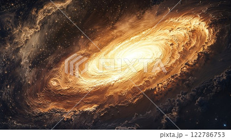 Stunning spiral galaxy visualization with glowing golden center and swirling cosmic clouds against deep space background. Dramatic celestial perspective captures the majestic scale of the universe Stunning spiral galaxy visualization with glowing golden center and swirling cosmic clouds against deep space background. Dramatic celestial perspective captures the majestic scale of the universe 122786753