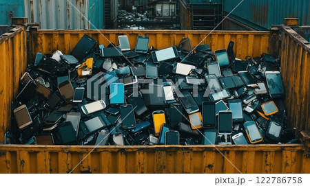 Old smartphones and mobile devices in yellow waste container. Electronic garbage dump showing environmental impact of technology consumption and e-waste recycling concept Old smartphones and mobile devices in yellow waste container. Electronic garbage dump showing environmental impact of technology consumption and e-waste recycling concept 122786758