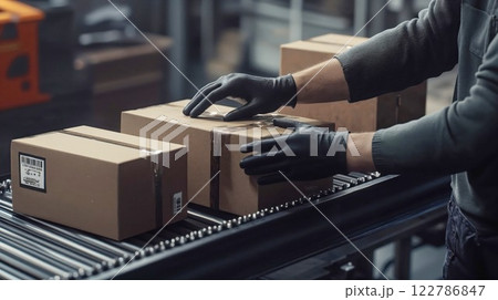 Warehouse worker in protective gloves handling cardboard boxes on conveyor belt. Industrial logistics and distribution center workflow in modern facility 122786847