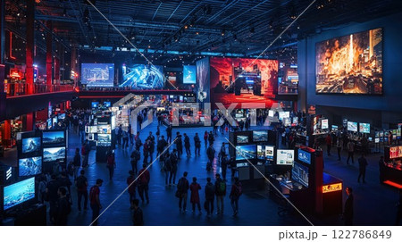 Massive gaming convention hall filled with visitors viewing digital displays and interactive exhibits. Modern entertainment venue illuminated by large screens showing dramatic gaming content Massive gaming convention hall filled with visitors viewing digital displays and interactive exhibits. Modern entertainment venue illuminated by large screens showing dramatic gaming content 122786849