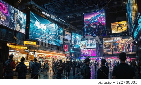 Vibrant Asian street scene with massive digital billboards and neon signage. Urban nightlife atmosphere with crowds exploring entertainment district Vibrant Asian street scene with massive digital billboards and neon signage. Urban nightlife atmosphere with crowds exploring entertainment district 122786883