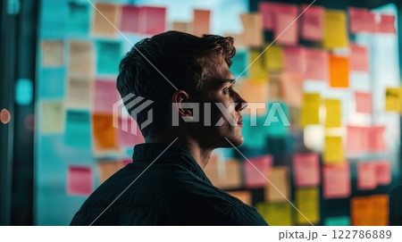 Profile portrait of young man silhouetted against colorful sticky notes wall, representing creative thinking and business planning in modern workspace 122786889