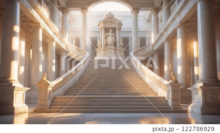 marble staircase with elegant columns and a grand sculpture, bathed in soft natural light, embodies the beauty of classical architecture 122786929