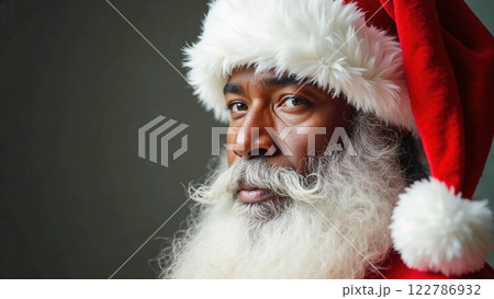 portrait of an African American Santa Claus with a fluffy white beard and red hat, bringing holiday spirit with a confident and kind expression 122786932