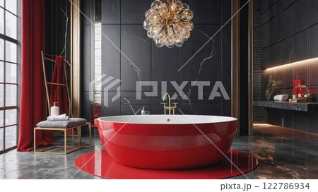 bold red freestanding bathtub in a dark, luxurious bathroom with gold accents and modern lighting. A perfect mix of elegance and contemporary interior design 122786934