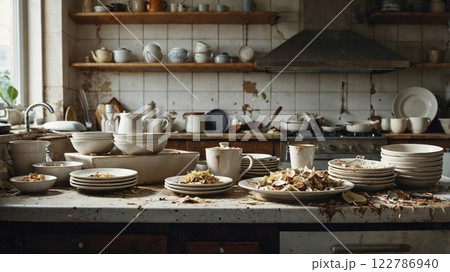 A chaotic kitchen scene with stacks of dirty plates, mugs, and bowls cluttering the countertops. Unwashed dishes, food scraps, and grime create a raw, unfiltered look at post-meal reality 122786940