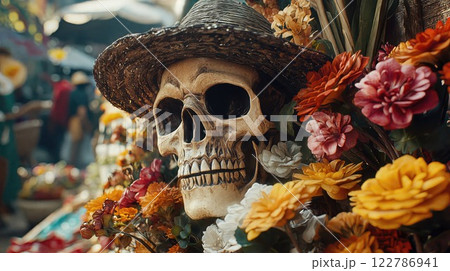 A decorative skull adorned with intricate colorful patterns, flowers, and a detailed hat, symbolizing Dia de los Muertos celebration in a vibrant, festive atmosphere 122786941