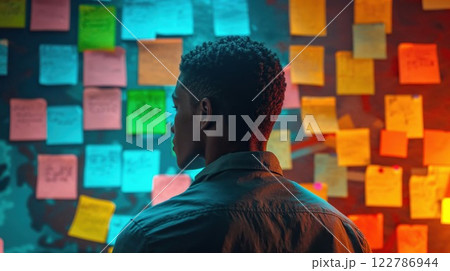 Young man looking at colorful sticky notes on wall illuminated by neon lights. Creative planning process with multicolored reminders creating vibrant workspace atmosphere 122786944