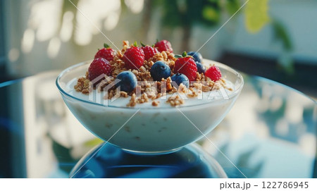 Fresh breakfast bowl with yogurt, granola, raspberries and blueberries, styled for healthy lifestyle and clean eating content 122786945