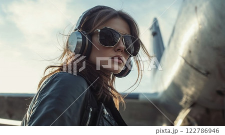 Stylish woman with headphones and aviator sunglasses in leather jacket against sky background. Modern fashion portrait capturing youth culture and music lifestyle 122786946