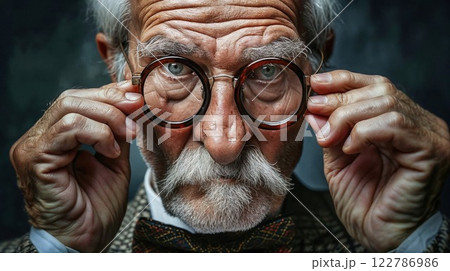 wise elderly man with a striking white mustache and deep wrinkles adjusts his round glasses while staring intently. His expressive eyes and vintage attire reflect wisdom and character 122786986