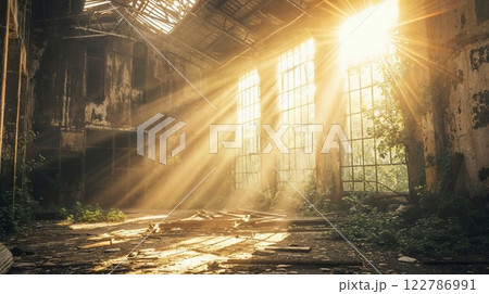 abandoned warehouse with sunlight streaming through broken windows, casting dramatic rays across the dusty floor, creating a hauntingly beautiful scene of decay 122786991
