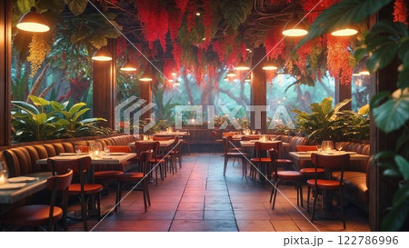 cozy restaurant interior featuring lush hanging plants and warm lighting, with tables set for dining in a tranquil, green-filled atmosphere, perfect for a relaxing evening meal 122786996
