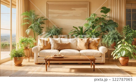 Bright and inviting living room with warm beige tones, lush indoor plants, a cozy white sofa, and natural light streaming through large windows, creating a serene and organic atmosphere 122787065