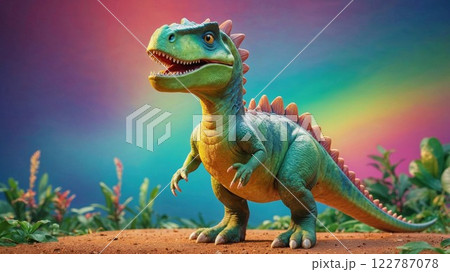 Playful green dinosaur figurine with vibrant details, set against a rainbow gradient background and surrounded by tropical plants, exuding a whimsical and fun atmosphere 122787078
