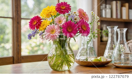 Bright bouquet of colorful gerbera daisies in a glass vase on a wooden table, surrounded by natural light and simple glass decor, creating a cheerful, fresh, and inviting ambiance 122787079