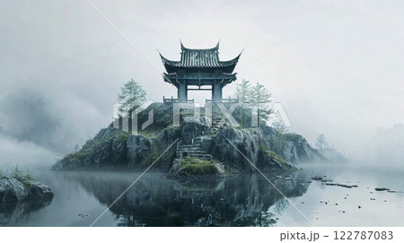 Asian pagoda stands atop a rocky island, surrounded by a calm lake and enveloped in soft mist. A mystical, peaceful scene evoking ancient traditions and spiritual harmony 122787083