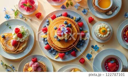 A beautifully arranged breakfast featuring golden pancakes topped with fresh berries, cream, and edible flowers. The vibrant colors and delicious details make this a feast for the eyes A beautifully arranged breakfast featuring golden pancakes topped with fresh berries, cream, and edible flowers. The vibrant colors and delicious details make this a feast for the eyes 122787101