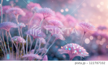 Delicate pink flowers shimmer with tiny glowing particles in a dreamy, magical landscape bathed in soft pastel light, creating a surreal and enchanting fantasy-inspired floral scene 122787102