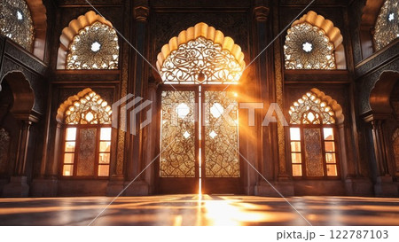 sunlight streams through intricately designed arched windows, casting stunning patterns on the marble floor in an opulent, historic palace with rich architectural details and ornate carvings 122787103