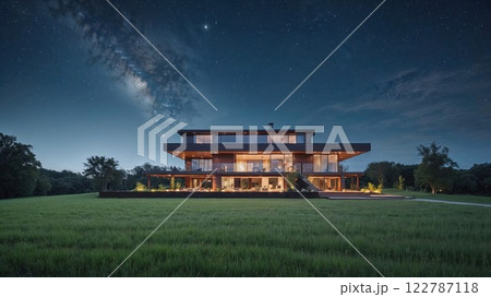 luxurious, contemporary mansion glows warmly against a breathtaking night sky filled with stars, blending modern architecture with the beauty of nature for a serene, dreamlike ambiance 122787118