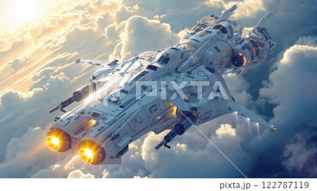 sleek futuristic spaceship soars above the clouds, engines glowing with power. Cutting-edge sci-fi design and breathtaking aerial view embody the thrill of space exploration sleek futuristic spaceship soars above the clouds, engines glowing with power. Cutting-edge sci-fi design and breathtaking aerial view embody the thrill of space exploration 122787119