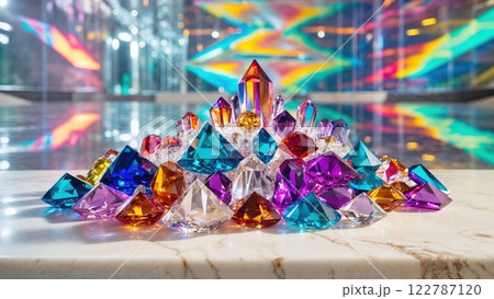 multicolored luxury crystals and gemstones sparkles under dazzling light, creating a mesmerizing display of brilliance, reflection, and exquisite beauty 122787120
