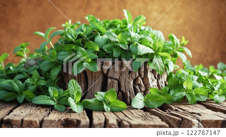 cluster of fresh green mint leaves growing from a rustic wooden stump. The rich earthy tones contrast with the bright green, showcasing the beauty of nature resilience 122787147