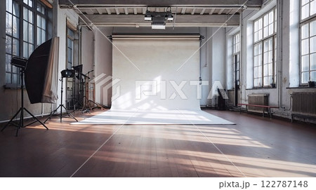 spacious photography studio with a large white backdrop, professional lighting equipment, and rustic industrial windows. Sunlight streams through, creating a perfect creative workspace 122787148