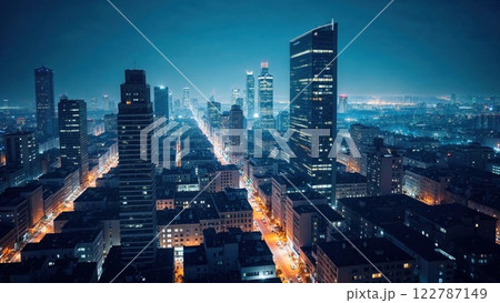 aerial view of a vibrant metropolis at night, with illuminated skyscrapers and busy streets stretching into the horizon. The glowing city lights create a stunning urban landscape 122787149