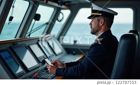 ship captain in a crisp navy uniform navigates the open sea, monitoring controls inside the vessel bridge. His leadership and precision reflect maritime expertise 122787153