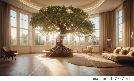 A majestic tree grows inside a spacious, sunlit living room with large windows, earthy tones, and elegant decor, blending nature with modern interior design for a tranquil atmosphere 122787161
