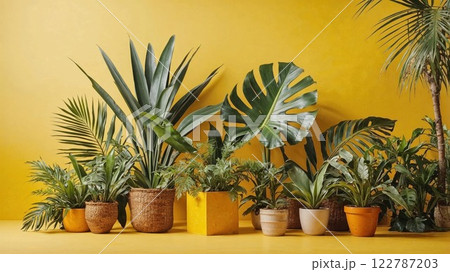 vibrant collection of tropical plants in stylish pots, set against a bold yellow backdrop, perfect for modern home decor, botanical photography, and nature-inspired interior design 122787203